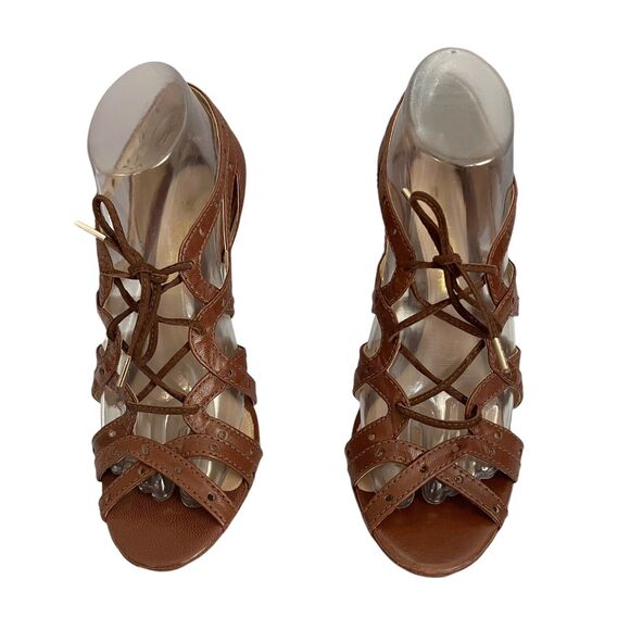Y2K LAMB Lace Up Wedge Heels Brown Caged Leather Indie Lolita Boho Glam Open - Picture 2 of 12
